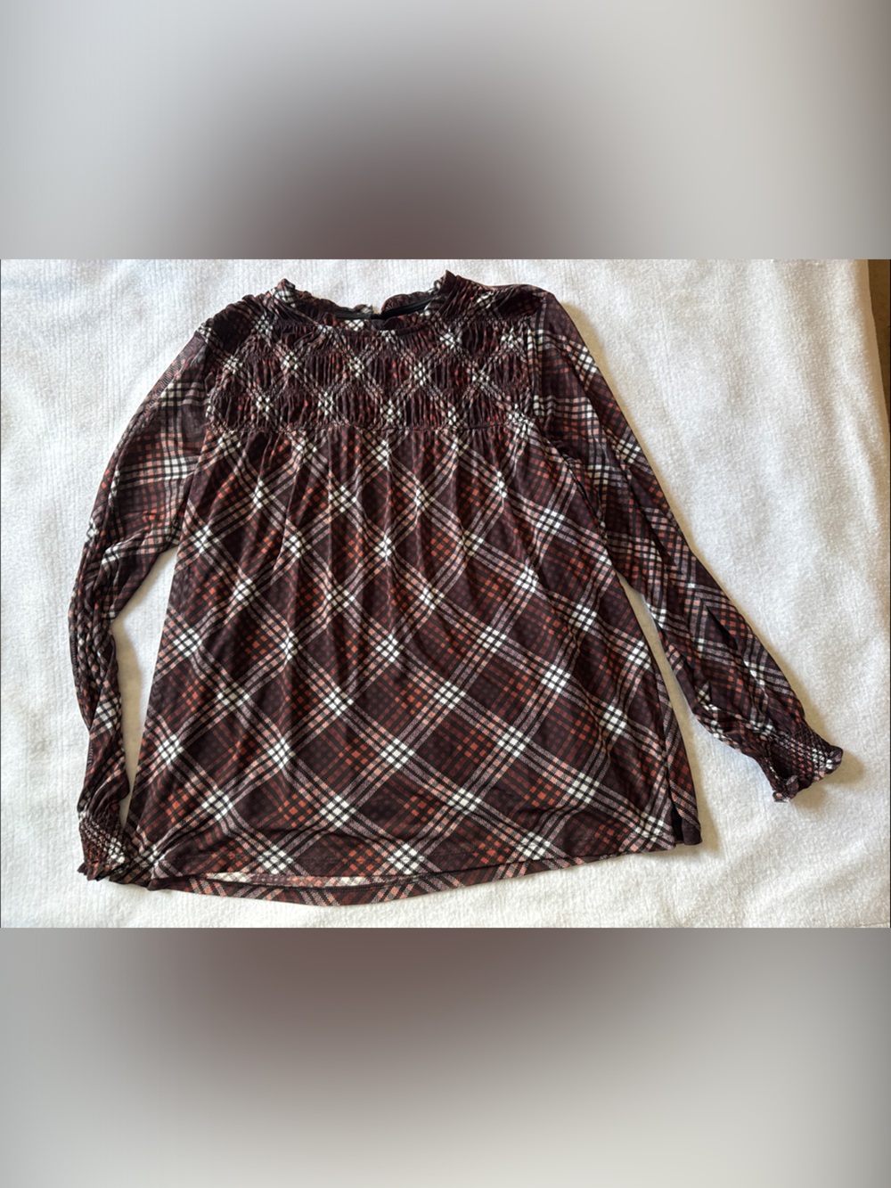 Maurices Brown & Black Plaid Long-Sleeve Smocked Top